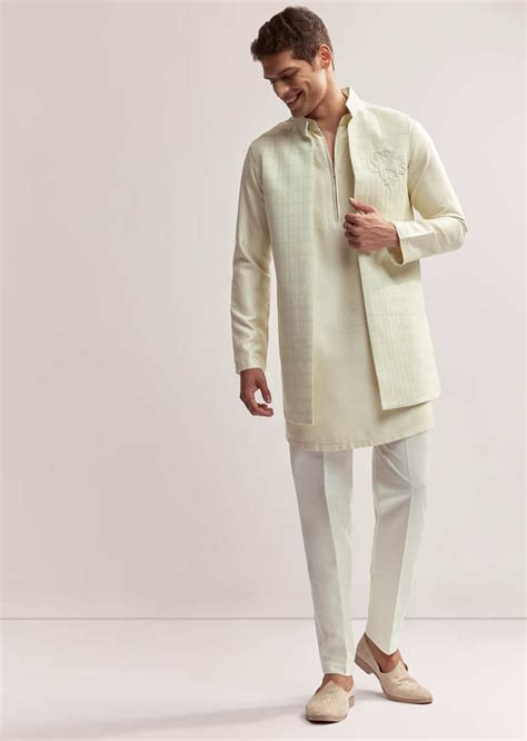 Mint Green Silk Kurta Jacket Set For Men With Cutdana Motif
