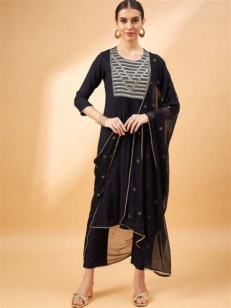 Black Color Embroidered Mirror Work Pleated Round Neck Kurta with Trou ...