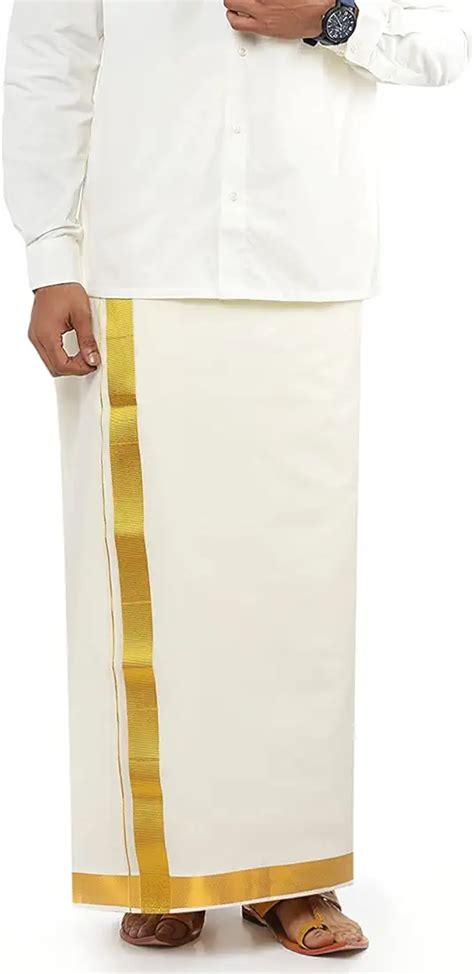 RAMRAJ COTTON Pure Cotton Men's Gold Jari Cream Dhoti with Gold Border ...