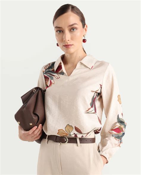 Rareism Women's Aero Beige Viscose Blend Spread Collar Regular Abstrac