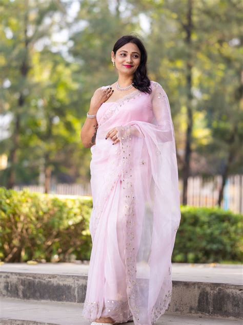 Odette Light Pink Organza Embellished Saree with Unstitched Blouse for