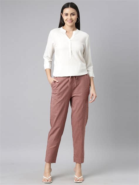 Shop Women's Solid Rust Mid Rise Linen Pencil Pants Online | Go Colors