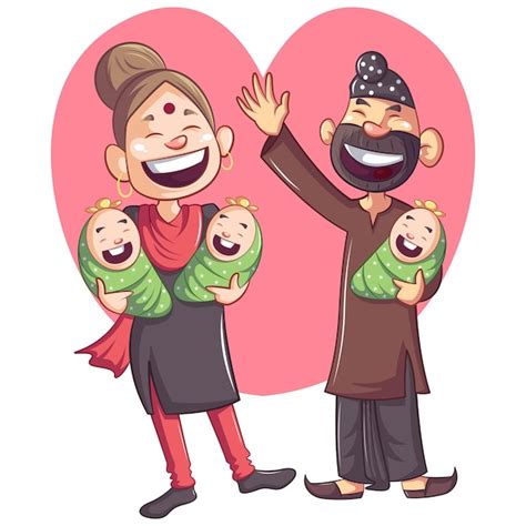 Cartoon illustration of punjabi sardar with wife and three babies ...