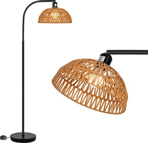 QIYIZM Rattan Floor Lamp with Remote for Living Room Bedroom Arc Boho ...