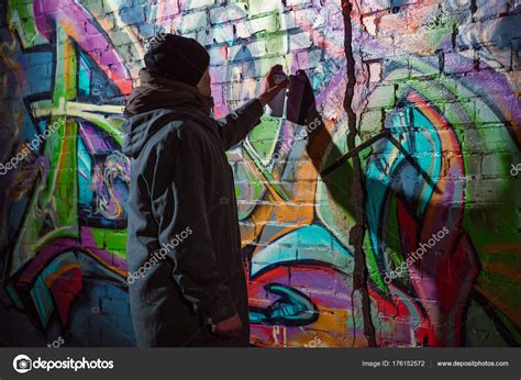 Street Artist Painting Graffiti Aerosol Paint Wall Night — Stock Photo ...