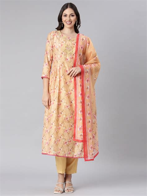 Neerus Yellow Printed Anarkali Kurta and Trousers With Dupatta – neerus ...