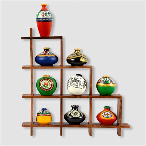 9 Terracotta Warli Handpainted Pots With Sheesham Wooden Frame Wall Ha ...