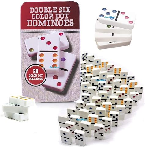 FunBlast Double 6 Color Dot Dominoes Game Set - White Dominoes 28 Piece ...