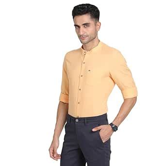 Turtle Men Cotton Linen Yellow Plain Slim Fit Mandarin Collar Casual ...