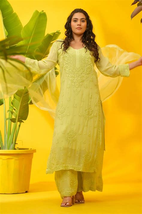 Viscose Chikankari Kurta Set with Palazzo & Dupatta