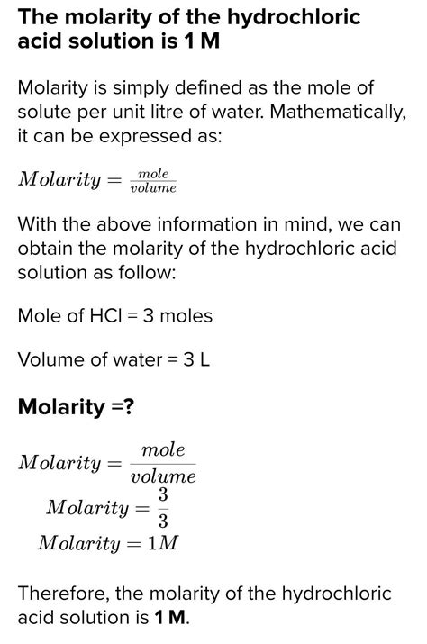 what is the molarity of 3 mole of hydrochloric acid in 3 L of water ...