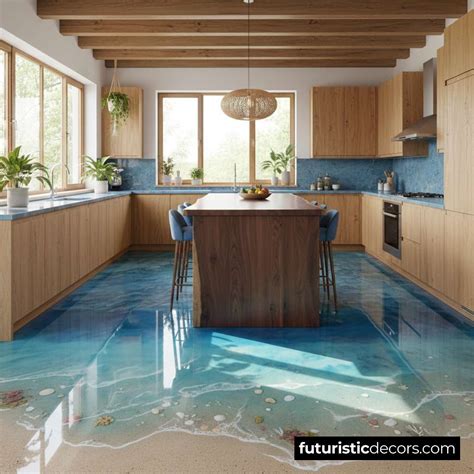 Epoxy Ocean Kitchen Flooring with LED Accents for a Magical Look