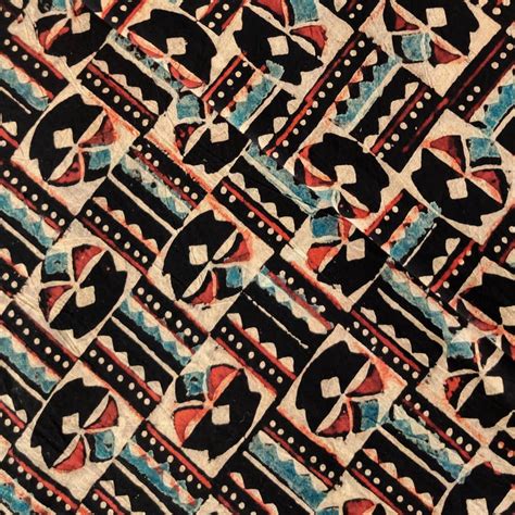 Pure Cotton Ajrak Black With Rust And Blue Tribal Bricks Hand Block Pr ...