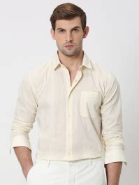 Buy Off White Self Stripe Plain Slim Fit Casual Shirt Online at Muftijeans