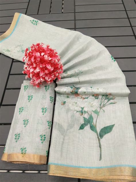 Elegant Grey Linen Saree with Floral Print and Golden Border