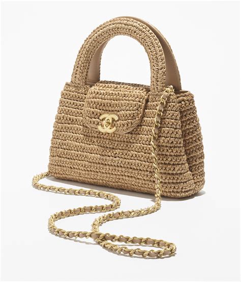Mini shopping bag, Braided raffia & gold-tone metal, dark beige ...