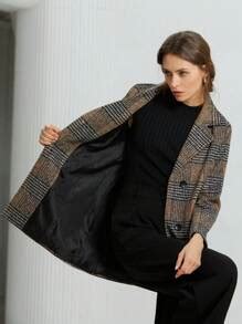 Aveloria Plaid Pattern Pocket Front Double Breasted Lapel Neck Overcoat ...
