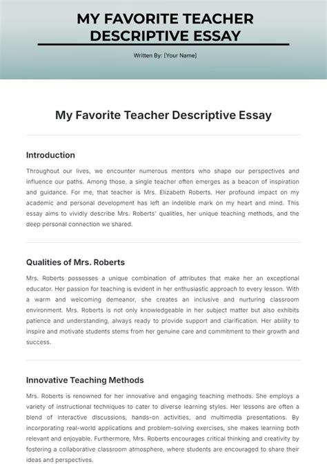 Free My Favorite Teacher Descriptive Essay Template to Edit Online