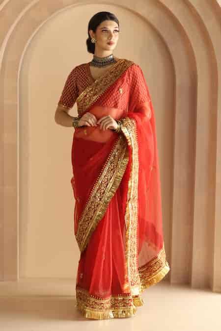 Buy Red Georgette Zari, Embroidery V-neck Gulrez Border Saree Set For ...