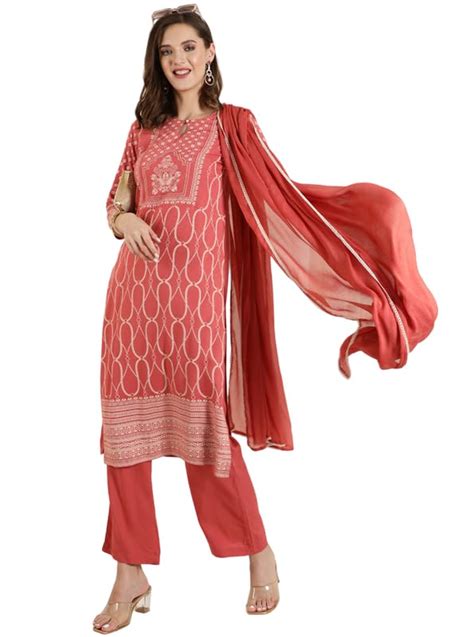 Buy Jaipur Kurti Women's Regular Fit Dusty Peach Placement Printed ...