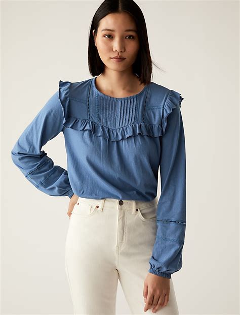 Buy Pure Cotton Pintuck Long Sleeve Top at Marks & Spencer