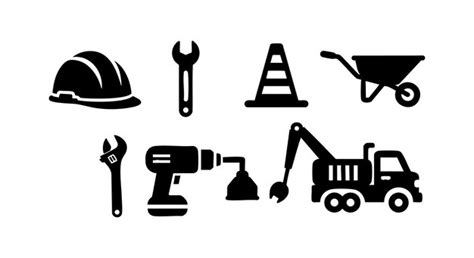 Construction tools and equipment icons vector set including helmet ...