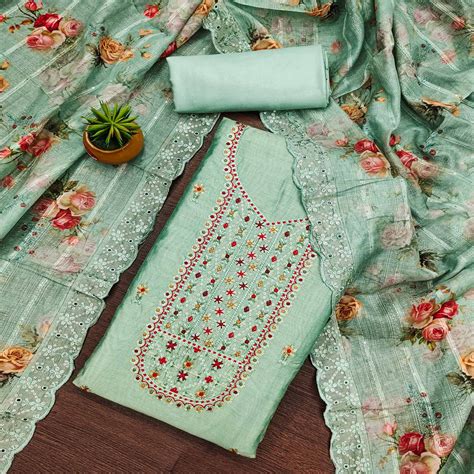 Mint Green Floral Sequins Embroidered Chanderi Dress Material