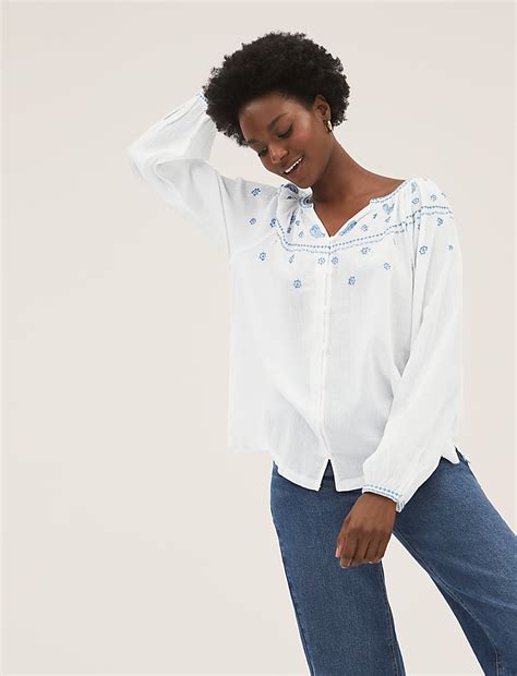 Buy Pure Cotton Embroidered Long Sleeve Blouse at Marks & Spencer