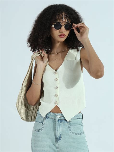 Buy Cream Vest Top With Gold Buttons | Showoffff
