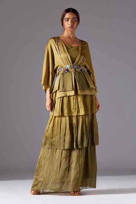 Buy Green Satin, Organza, Linen Topiary Bhutani Top With Forestland ...
