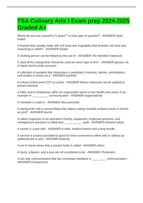 TSA Culinary Arts I Exam prep Graded A+ - TSA Culinary Arts - Stuvia US