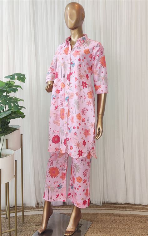 Pink Tropical Print Crepe Co-Ord Set