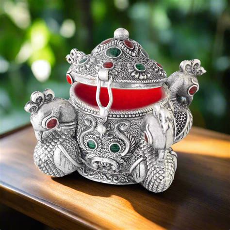 Silver Decorative Box With Four Peacocks Kumkum Dabbi ~ CaratCafe