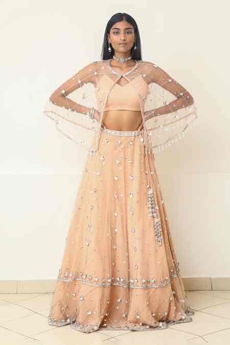 Buy Peach Net Floral Bustier V Neck, Cape Open Embellished Lehenga Set ...