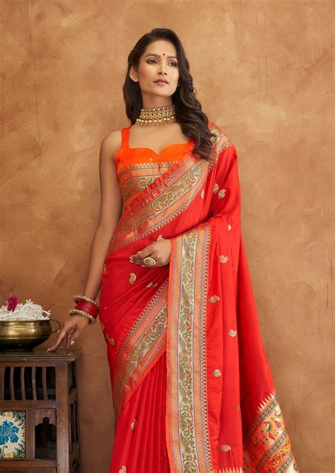 Shop Pure Paithani Silk Red Saree with Zari Border Online For Wedding ...