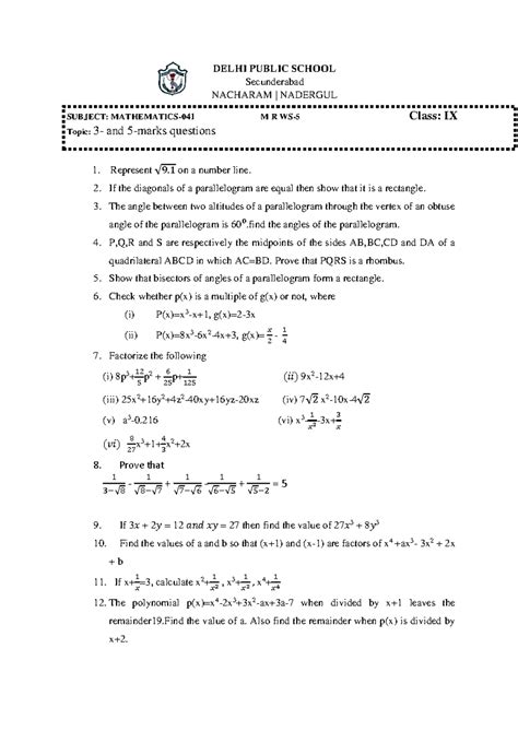 Important math 3 and 5 marker questions class 9 CBSE - DELHI PUBLIC ...