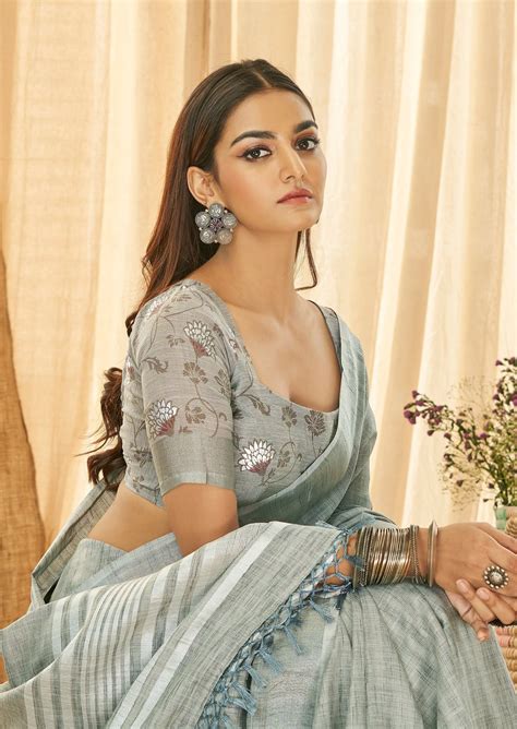 Shop Pure Handloom Linen Grey Saree Blouse Online Designs | Sale – Sunasa