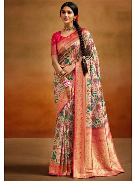 Digital Print Kalamkari Banarasi Silk Fastive Saree In Beige ...