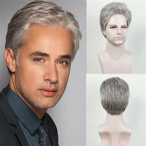 Synthetic Wig Straight Asymmetrical Wig Short Grey Synthetic Hair Men's ...
