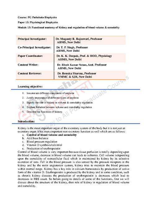 Functional anatomy of Kidney and regulation of blood volume ...