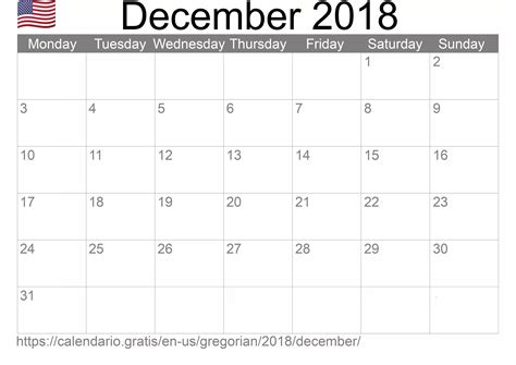 Calendar December 2018 from United States of America in English ...