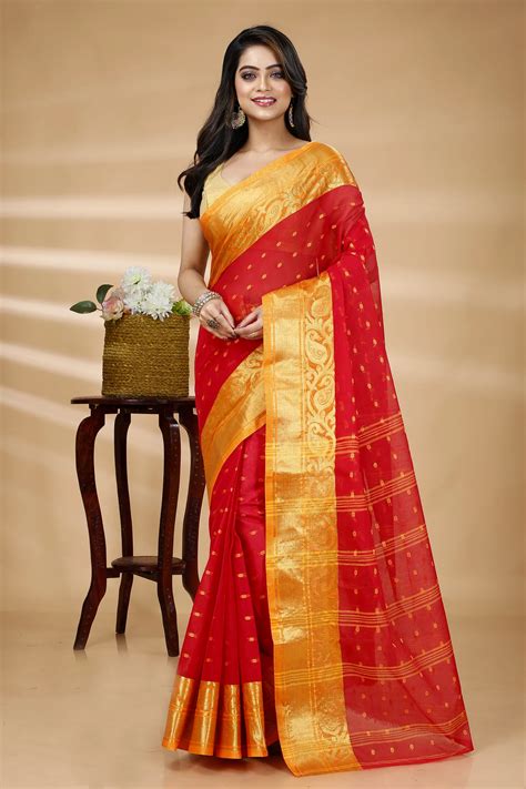 Red Pure Cotton Sachi Tant Saree (1026) | PuJoy Fashion
