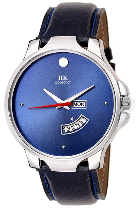 IIK COLLECTION Leather Blue Dial Analog Day And Date Black Strap Watch ...