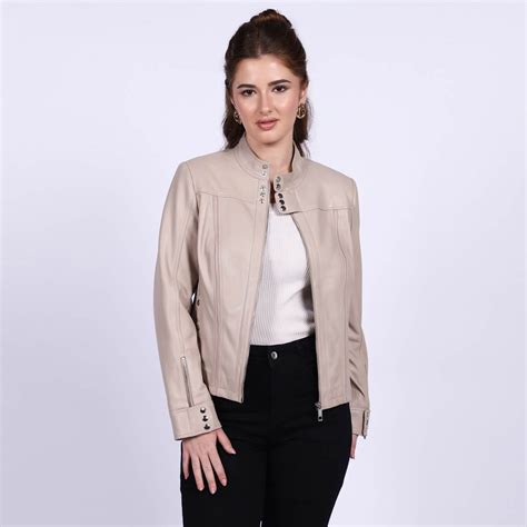 Buy Amaya Beige Leather Women Cafe Racer Jacket Online – SaintG India