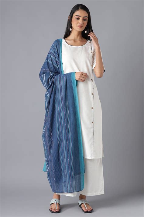 Buy White Yarn-Dyed kurta Straight Palazzo and Dupatta Set Online for ...