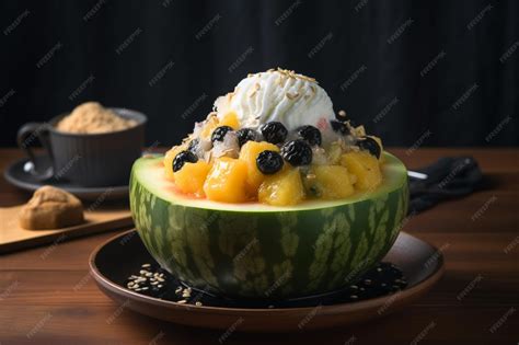 Premium Photo | Ice melon bingsu famous korean icecream