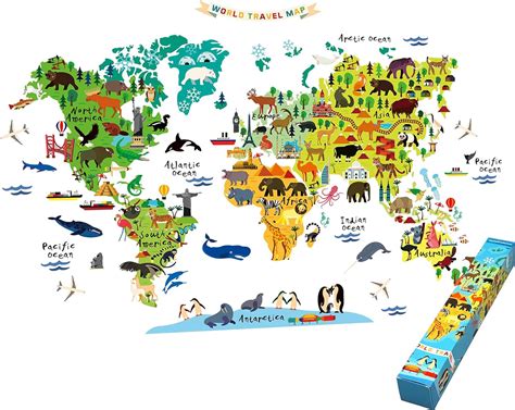 Buy HomeEvolution Large Safari Animals World Map Wall Decals ...