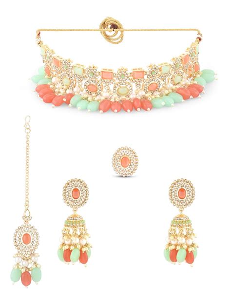 Buy ZAVERI PEARLS Green & Peach Stones Beads Choker Necklace Earring ...