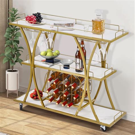 Amazon.com - FIORIOM Gold Bar Cart with Glass Holders & Wine Rack, Home ...