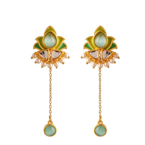 Voylla Forever More Green Stones and Pearls Enamelled Drop Earrings ...